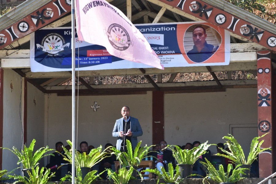 MLA and Advisor Medo Yhokha addressing the 83rd annual sports meet of Kigwema Youth Organization at Kigwema Ground, Kholera on January 13.